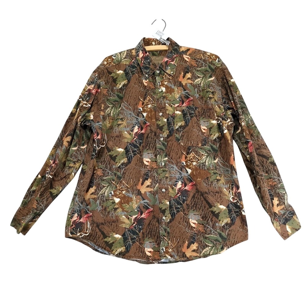 Outdoor Life Brown Deer Camo Button Shirt Mens L Hunting Whitetail Outdoors Y2K